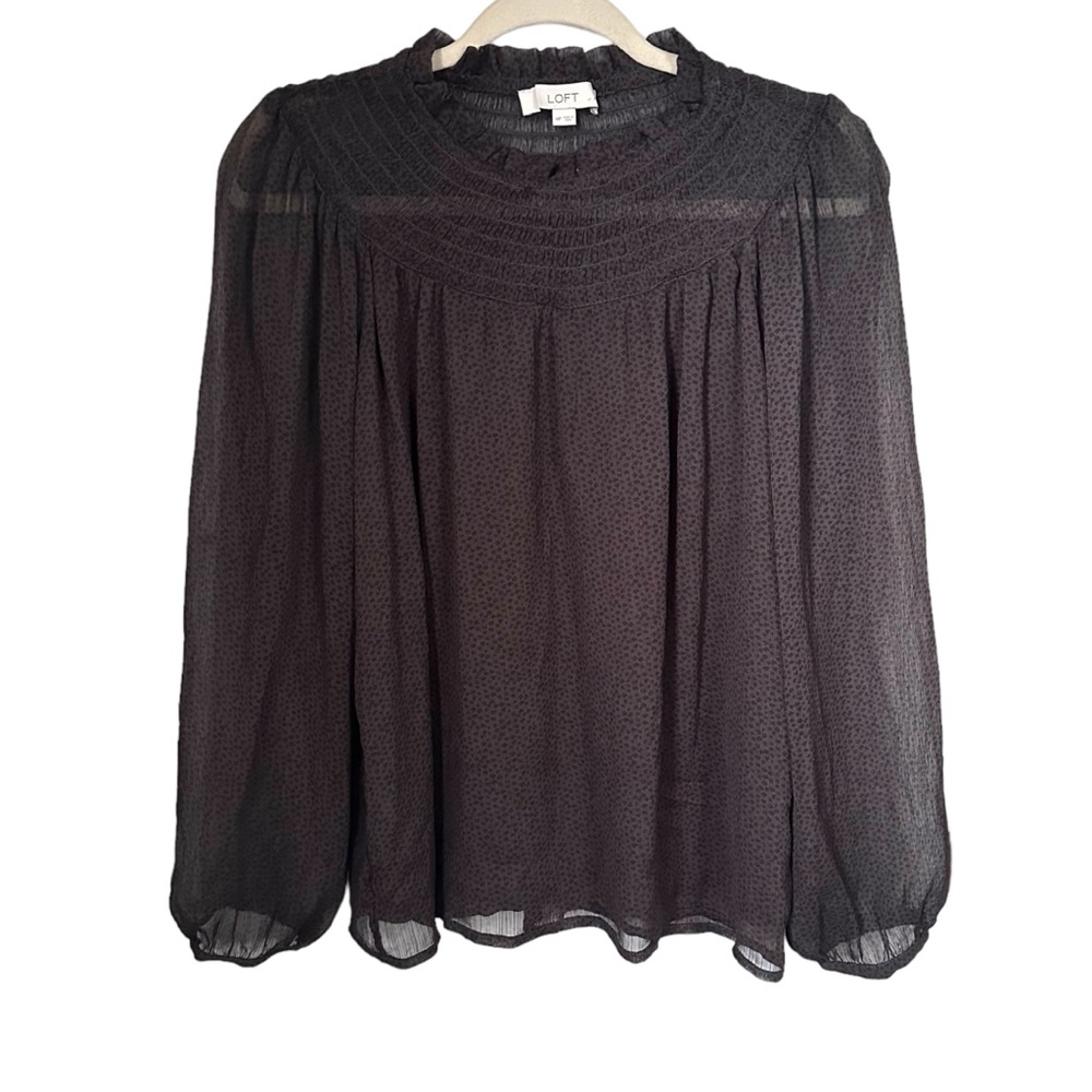 Loft Women’s Sz M Petite Brown Dotted Smocked Long Sleeve Blouse Semi Sheer